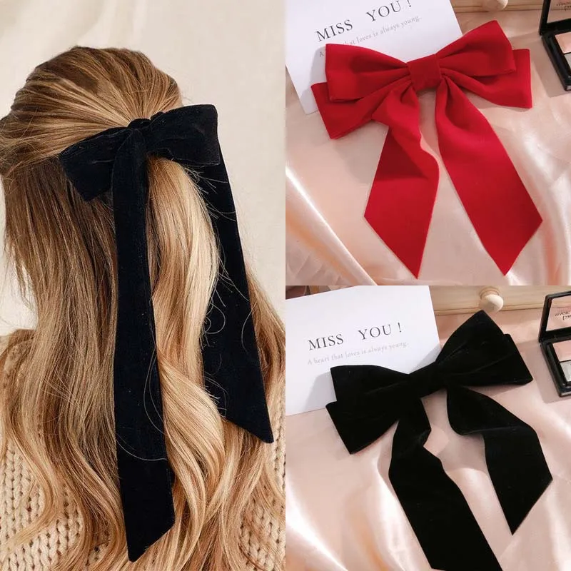 Vintage Red Velvet Bow Hair Clip For Women Girls Korean Long Tassel Ribbon  Hairpins Barrettes Headwear Hair Accessories