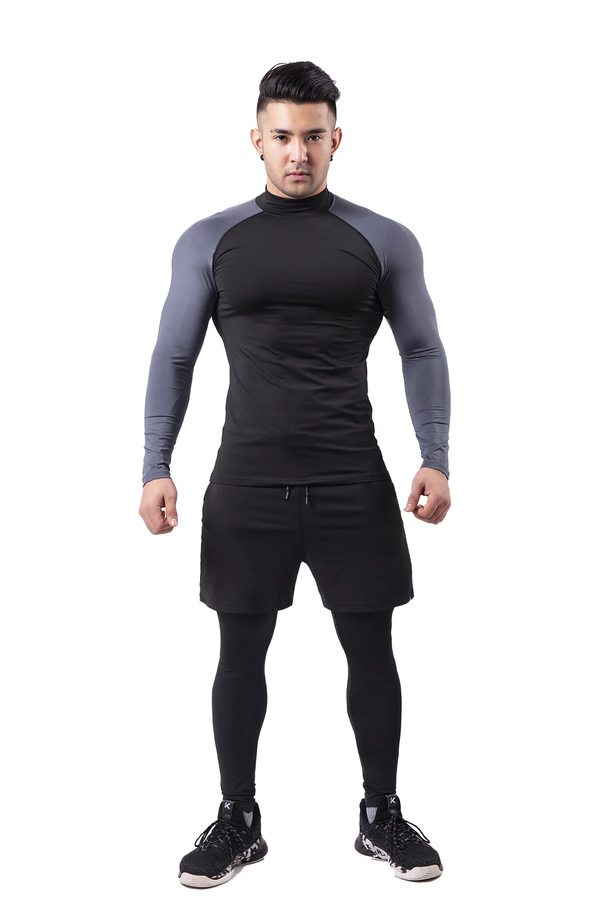 Sports tight fitting elastic quick drying fitness training basketball fake two running pants gym shorts men