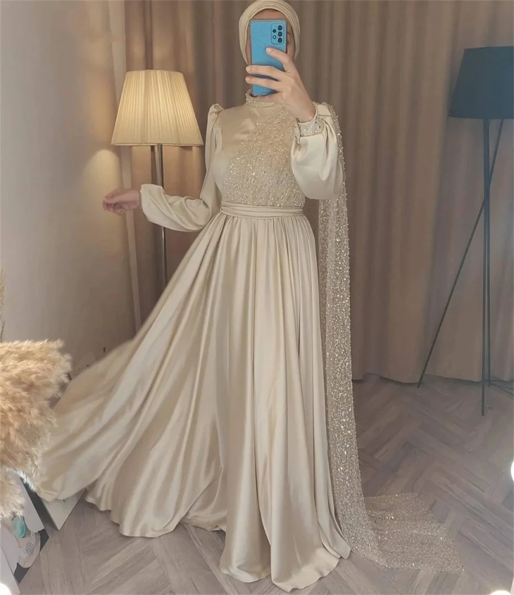 

High Neck Beading Satin Vintage Prom Gown Long Sleeve Modest Occasion Dress Robe De Soirée Women Ruched Evening Party Dress