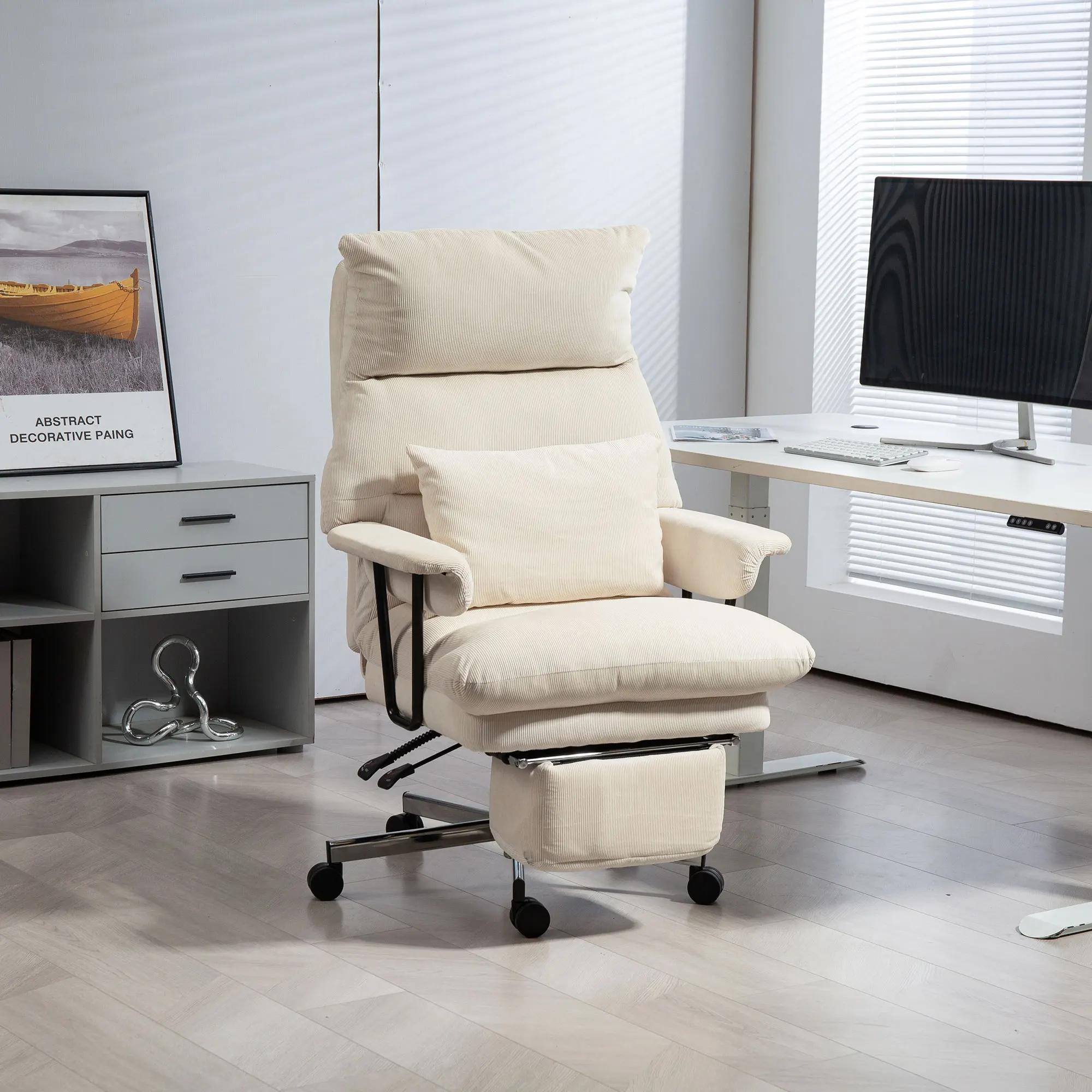 Executive Office Chair with Lumbar Support, Footrest, High Back Reclining Overstuffed Desk Chair with Lumbar Support, Cream White 3