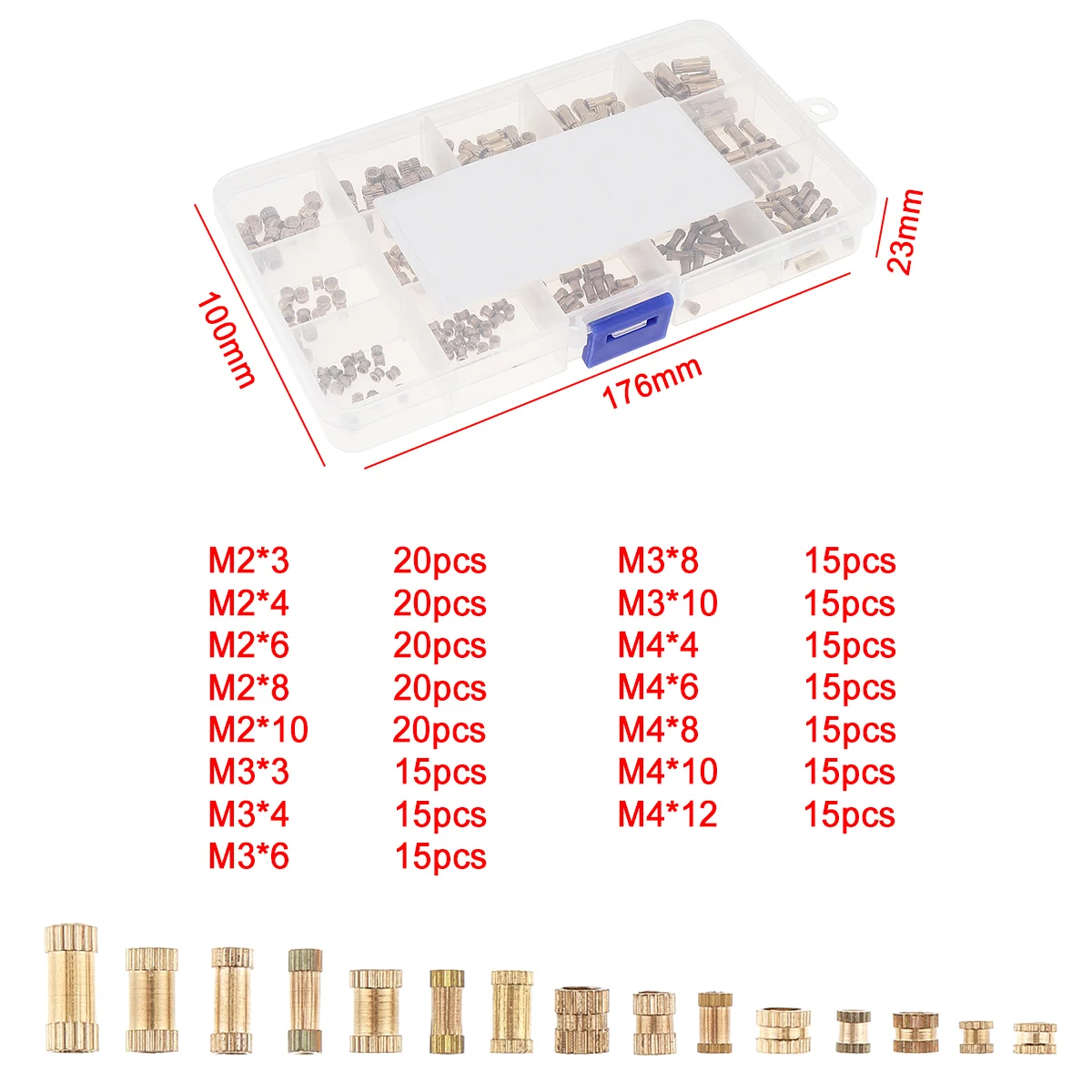 250pcs Thread Knurled Brass Threaded  M2 M3 M4 Heat Resistant Insert Embedment Round Nut with Box for 3D Printer accessories