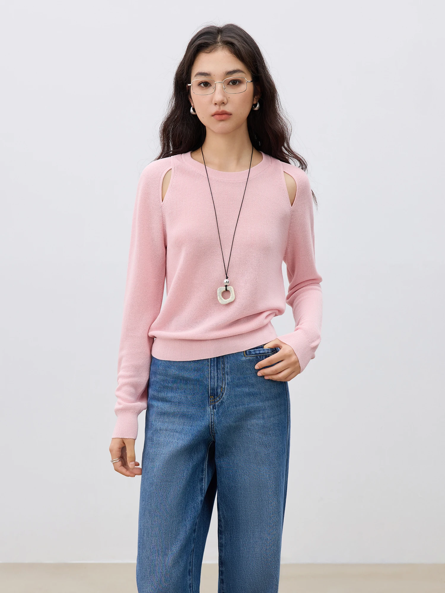 ZIQIAO Unique Design Hollow Knit Sweater For Women 2025 Early Spring New Linen Pink Grey Chic Pullover Fashion Top 25ZQ91188 3