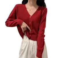 2025 Women's Long Sleeve Cropped Cardigan V Neck Button Down Knit Lady Autumn Spring Knitted Single-breasted Cardigan Sweaters - Image 2