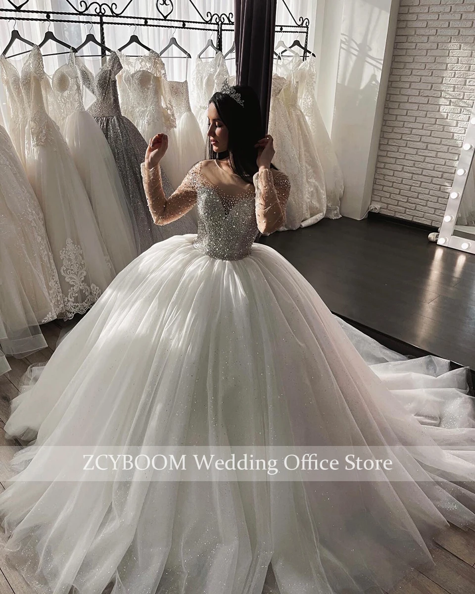 Luxuriöse Funkelnde Kristall-Perlen Ballkleid Hochzeitskleider 2026 Prinzessin Arabisch Dubai Langarm Brautkleider Vestido De Noiva – Detail 3