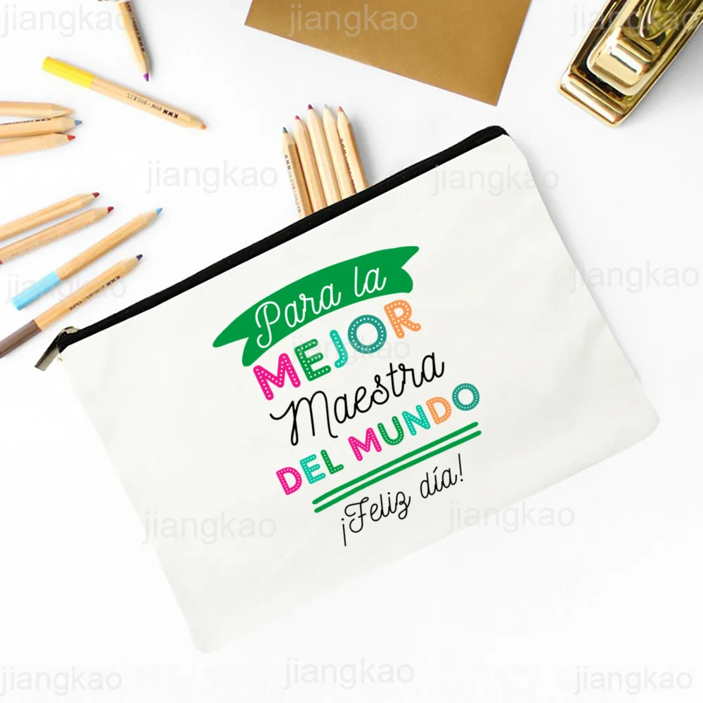 Best Teacher in The World Spanish Print Makeup Bag Travel Neceser Toiletries Storage Pouch Pencil Bags Graduate Gift for Teacher 3