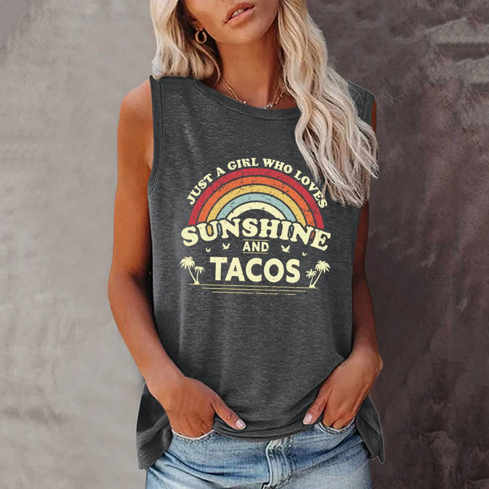 Seeyoushy Just A Girl Who Loves Sunshine and Tacos Print Summer Women Tank Top Sleeveless New Graphic T Shirt Y2k Aesthetic Tops 2
