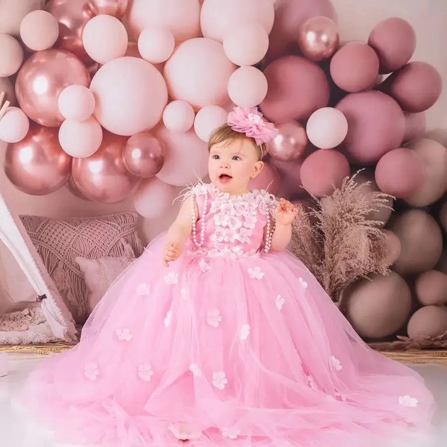 

Vintage Pink Baby Christening Gowns Floral Appliques Girls Baptism Luxury Beads Newborn Kids Birthday First Communion Dresses