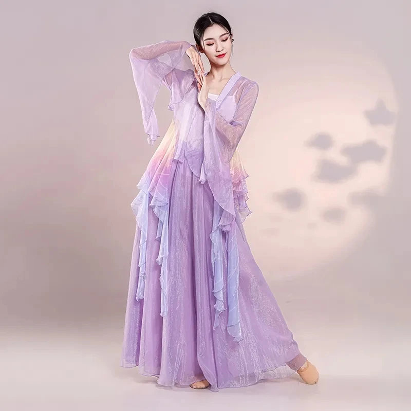 

Классический танцевальный костюм, фиолетовый костюм, сказочное Повседневное платье для тренировок, свободное дышащее газовое платье для китайских танцев, выступлений, оленя, танцевальная одежда
