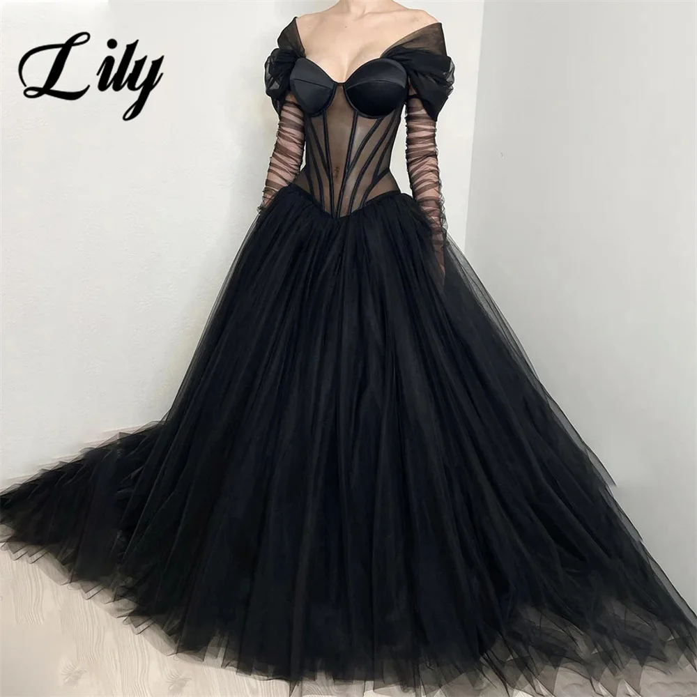 

Lily Black Charming Prom Dress Gown V Neck Lace Formal Gown Off The Shoulder A Line Net Evening Gown Custom vestidos de noche