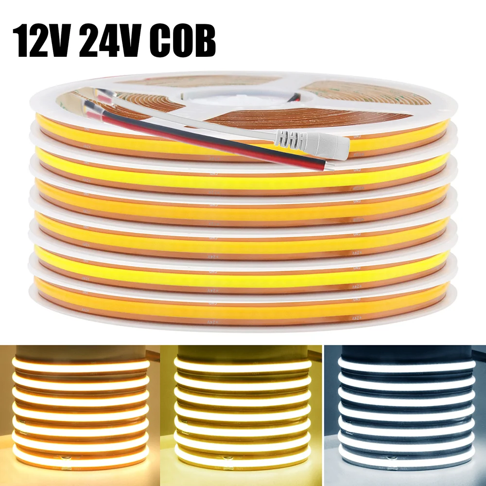COB LED 스트립 조명 프리 컷 12V 24V 1m 2m 5m 10m 0.5m 유연한 테이프 528LED/M 고밀도 선형 조명 따뜻한/자연 흰색