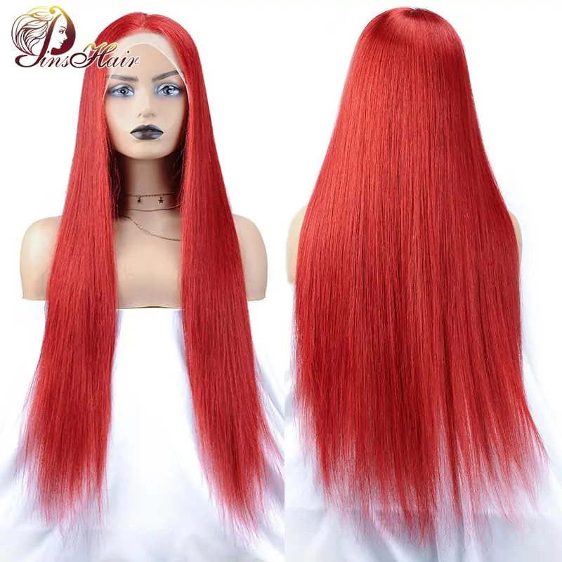 Bright Red Bone Straight Lace Front Human Hair Wigs Pre Plucked Red 99J 13x6 HD Transparent Lace Front Wig for Women Remy Hair human hair wig