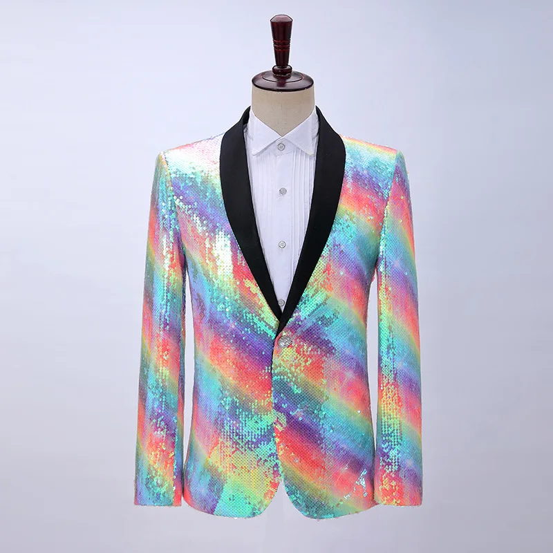 2023 New Men Rainbow Sequin Suit Jacket Long Sleeve Single Button Male Banquet Blazer Fashion Luxury Bar Stage Prom Party Cotume