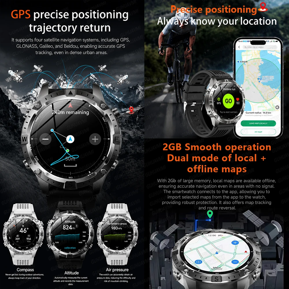 2026 Newly GPS Sports Smart Watch Offline Map 2GB Memory 10ATM Waterproof Compass 1.43" AMOLED Screen Bluetooth Call Smartwatch 3