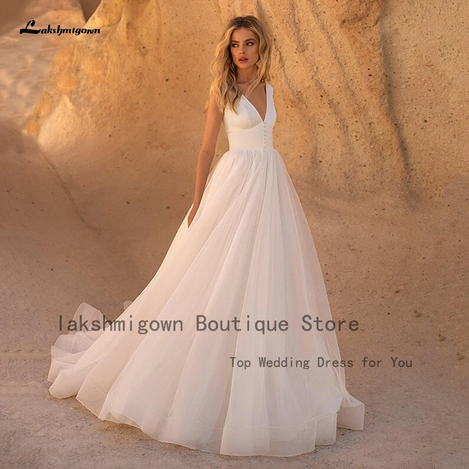 casual wedding dresses Lakshmigown Simple Women A Line Boho Wedding Dresses 2022 Vestito da Sposa V neck Elegant Bridal Beach Wedding Gowns Open Back dresses for wedding