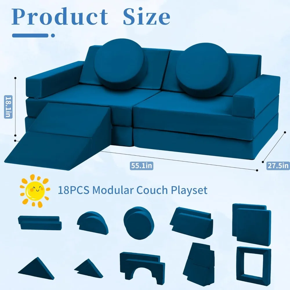 18pcs Children Couches Building Fort, Convertible Foam Playing Cushion Creative Playroom Floor Furniture for Baby 1-3 Play Set 2
