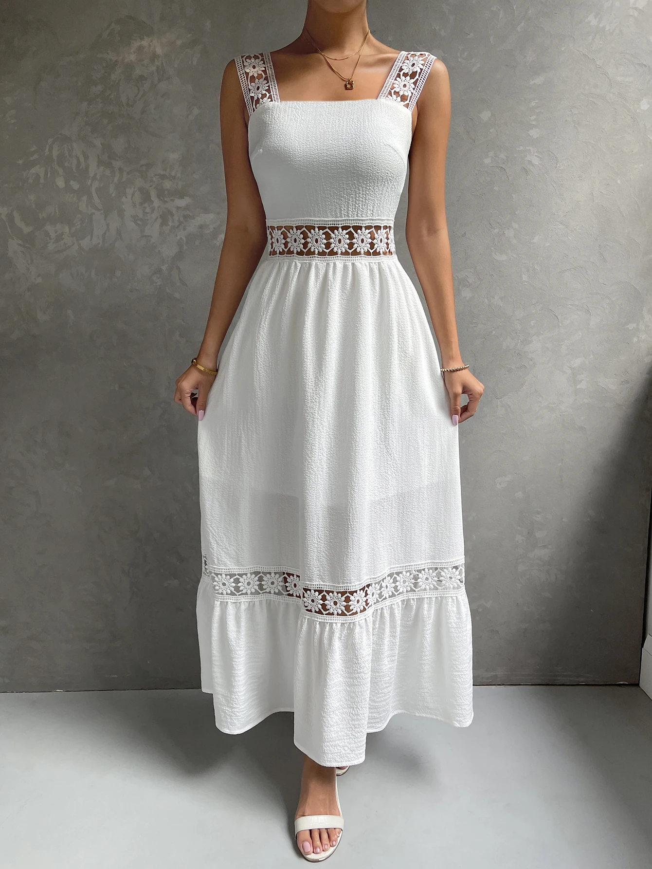 TrendAura Patchwork Cotton Dress For Women With Lace Colorblock Wrinkled Texture Breezy Comfort