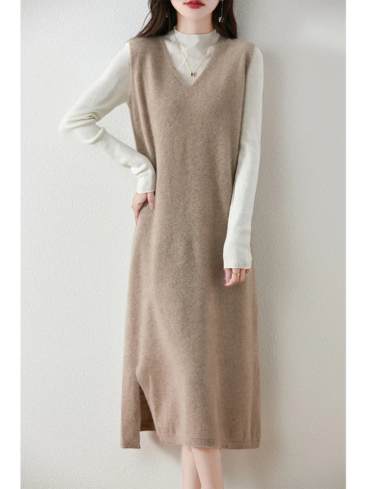 chinese dress ladies Wool Layered Neck Pleated Maxi Dress Billie, Deep Olive / XL main image 1