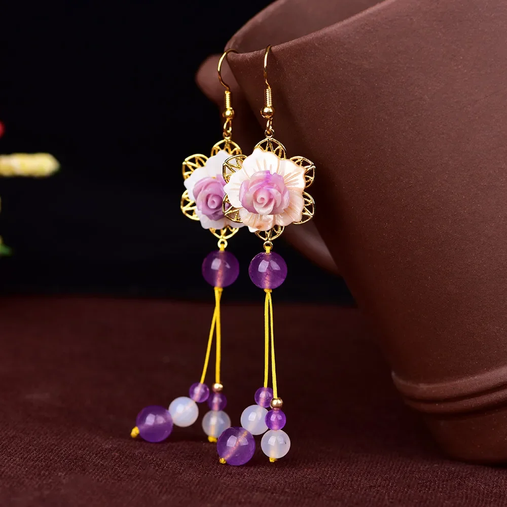 

Серьги-подвески с нефритовыми цветами, Амулет из халцедона и агата, модный натуральный брикет для женщин, ее фиолетовый