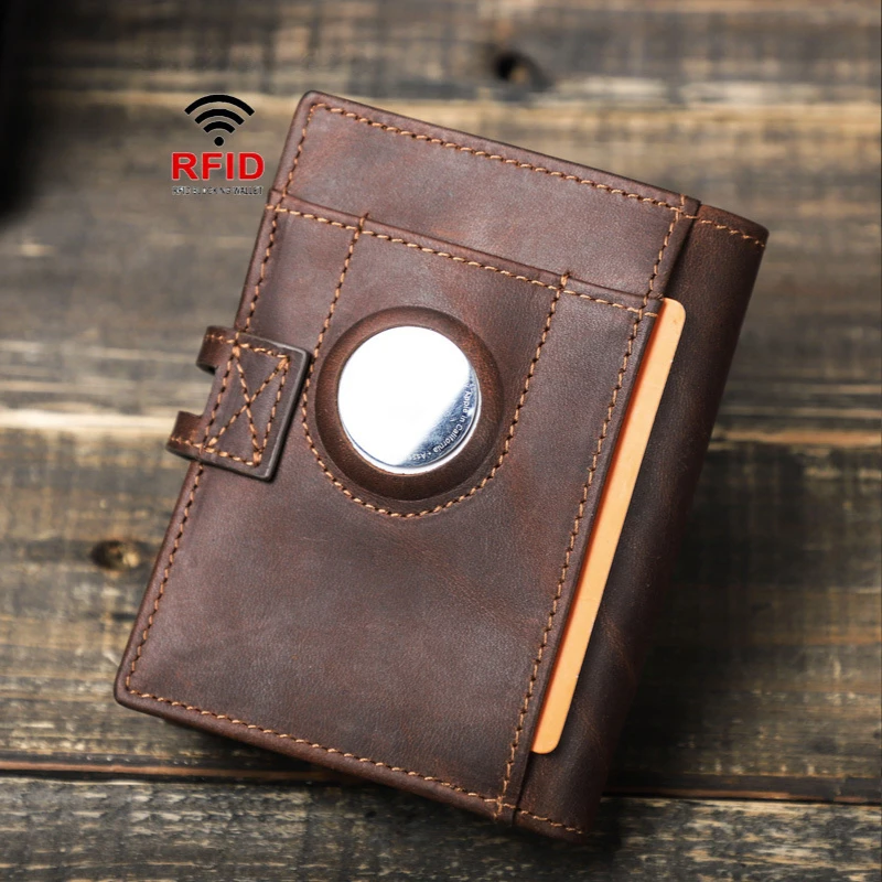 Airtag-RFID 도난 방지 브러시 패션 남성 지갑, 마그네틱 버튼 정품 가죽 지갑 2023 돈 가방 신용 카드 홀더 