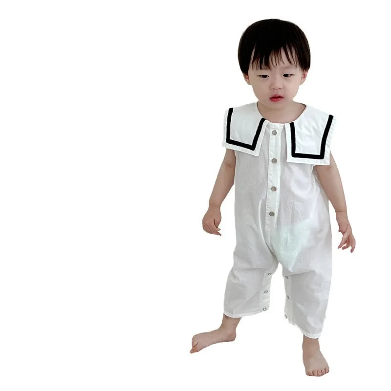 2024 여름  민소매 롬퍼, 얇은  소년 소녀 세일러 칼라 점프수트,   솔리드 캐주얼 오버롤, 0-24m, 신제품