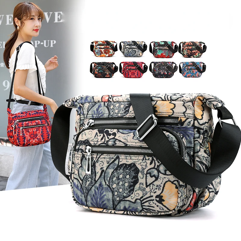 Summer Multi Pocket Messenger Cross Body Floral Print Handbag Casual  Pillow Shape Women Bag Nylon Messenger Bag Ladies Bolsas best Shoulder Bags