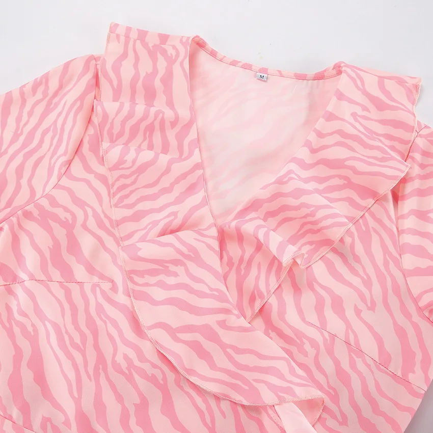 Pink Printed Ruffled Long Dress Women's Lace-Up Long Sleeve Elegant Contrast Patchwork Party Dress Female Bandage Dress