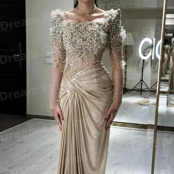 Gorgeous Mermaid Women's Square Neck Beaded Evening Dresses Customized Vestidos Para Mujer Prom Gowns Long Sleeve Robe De Soirée 1
