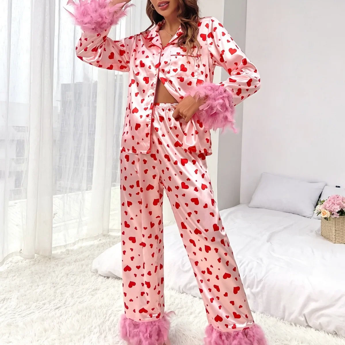 

Valentine's Day Love Print Casual Pyjama Women's Pajamas Sets Spring Ladies Sleepwear Long Sleeve Shirt Pants 2 Piece Homewear