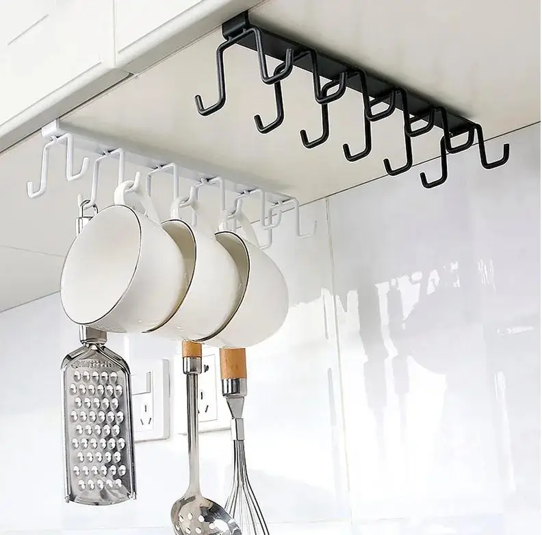 

Metal Wardrobe Cabinet Storage Shelf with 6 Iron Hooks Under Shelves Cup Mug Hanger Bathroom Kitchen Organizer Hanging Rack Hol