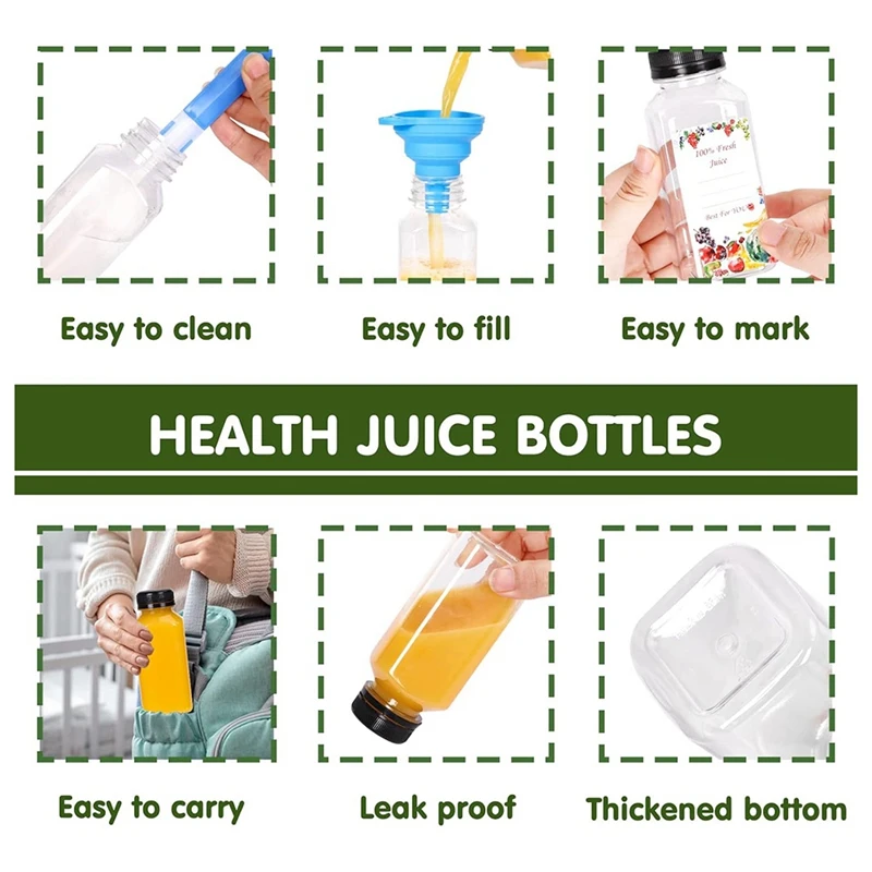【Berserkk】12Pcs Plastic Juice Bottles With Tamper Evident Caps, Reusable Clear Juice Containers With Labels, Funnel And Brush