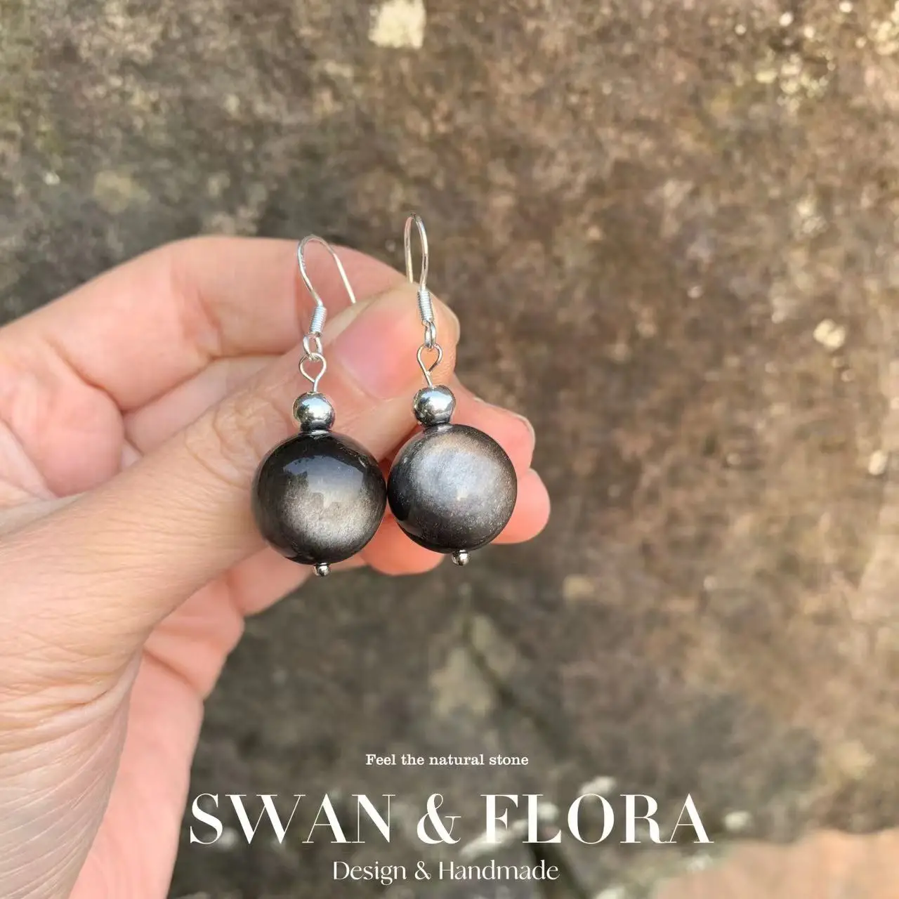 Boucles d'oreilles en obsidienne naturelle pour femmes, boucles d'oreilles en argent 925, pierres précieuses originales, bijoux de haute qualité, design fait à la main 1