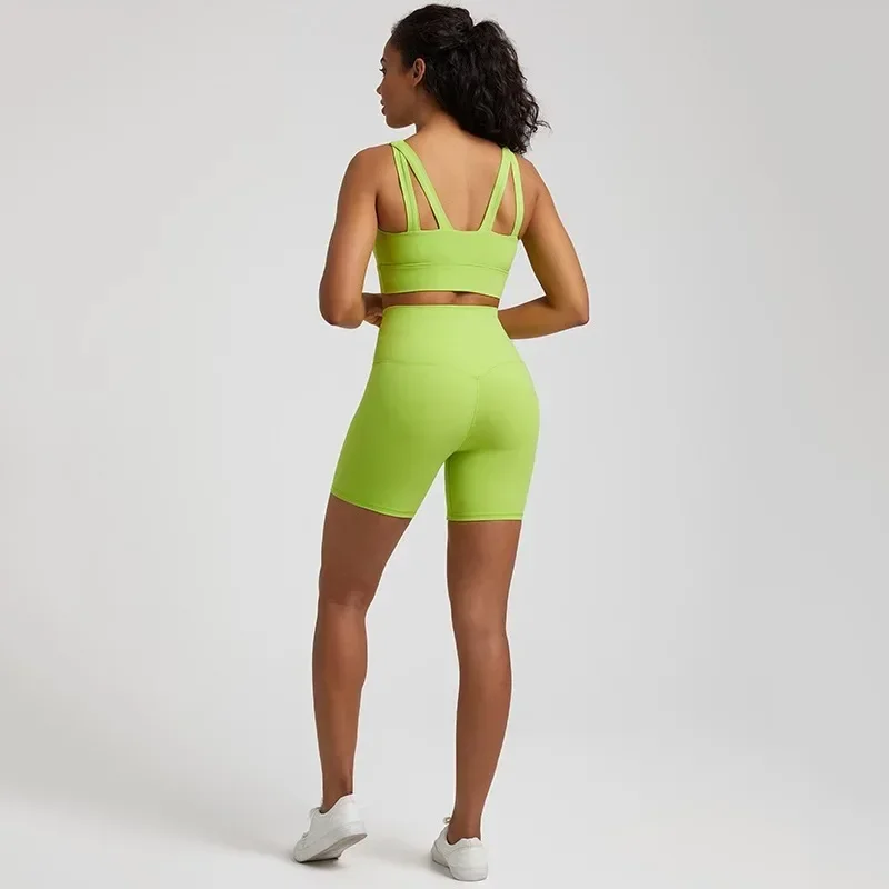 Lemon Round Neck Gym Yoga Set Comprehensive Training Women Sports Suit High Waist Short Legging And Cross Fitness Bra 2pcs