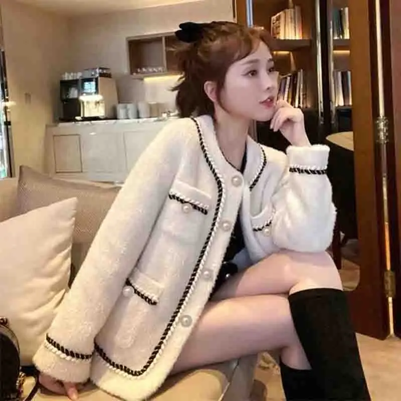 

Spring Autumn Seasons 2024 Female Lmitation Mink Velvet Small Fragrant Coat Women New Fashion Leisure Cardigan Woolen Fabric Top