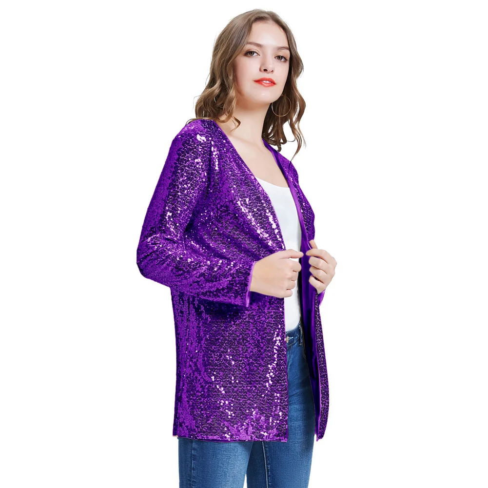 GK Women's Sequined Jacket Sparkle Long Sleeve Open Front Coat Office Lady Fashion Casual Party Jacket Outerwear Female Clothing