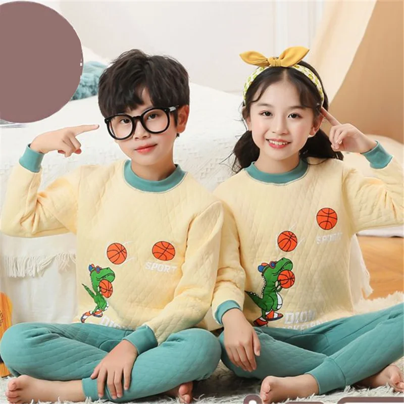 Children Underwear Suits Children Clothes Cartoon Style Children Cotton Thermal Underwear Suit Three-layer Thick Warm Clothing Boys Girls Winter Soft Home Clothes Pajamas