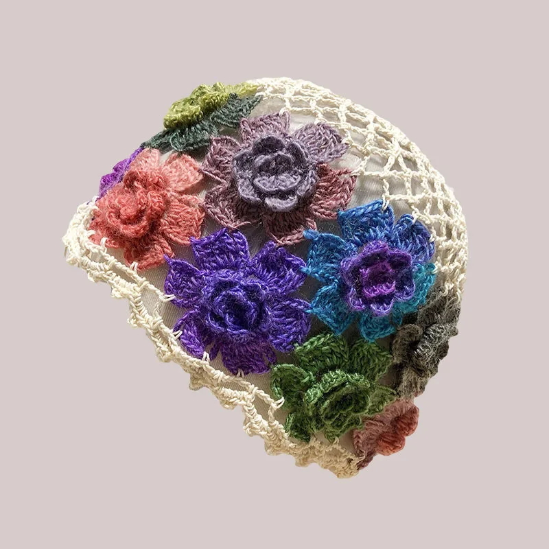 Spring and Summer New Style Literary and Artistic Colorful Flowers Hollow Baotou Cap Female Sweet Fashion Knitting Wool Cap Melo 4