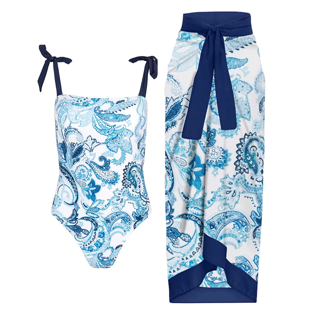 

Fashion Retro Blue Print Strap Bikini One Piece Sexy Slim Backless Swimsuit Women's Elegant Bow Tie Swimsuit Lace Up Beach Skirt
