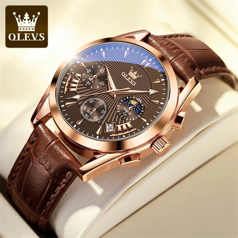 OLEVS 2876 Multifunctional Luxury Genuine Leather Strap Watches for Men ...