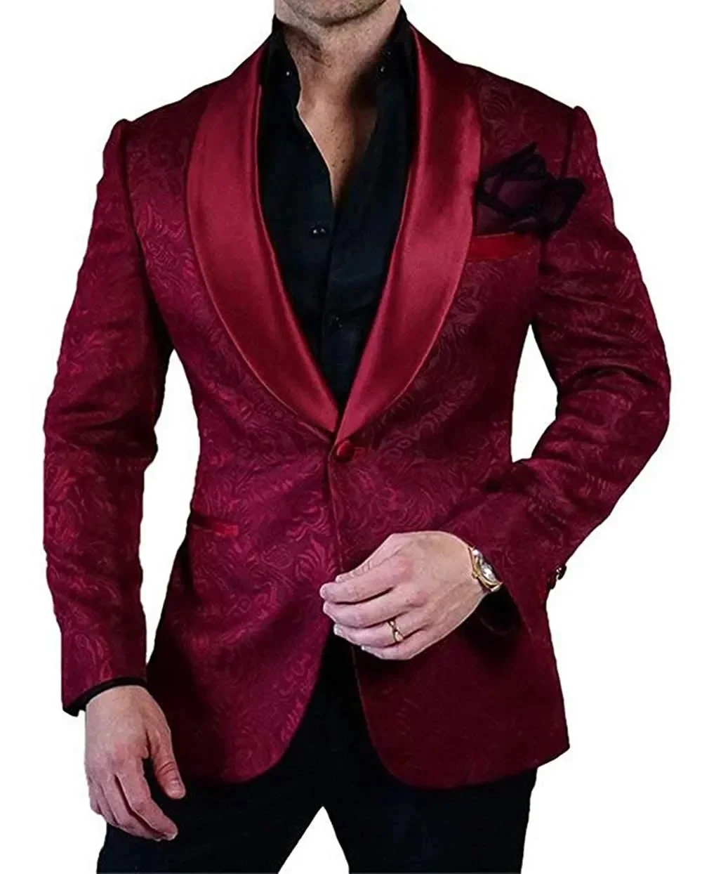 

New Arrival Burgundy Jacquard Men Suits For Wedding Groom Floral Tuxedos Shawl Lapel Suit Men Groomsmen Best Man Blazer Custom