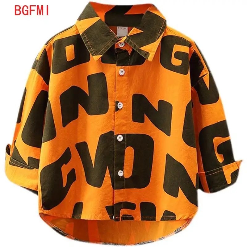 2-10Y spring autumn kids boys girl loose cotton shirts 2 colors letter print long sleeve kids turn-down collar button-down tops