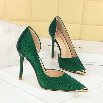 Pointed Toe Shallow Mouth Hollow High Heels For Women's Thin Heels Iron Toe Metal Decorative Chinese Style Satin Single Shoes