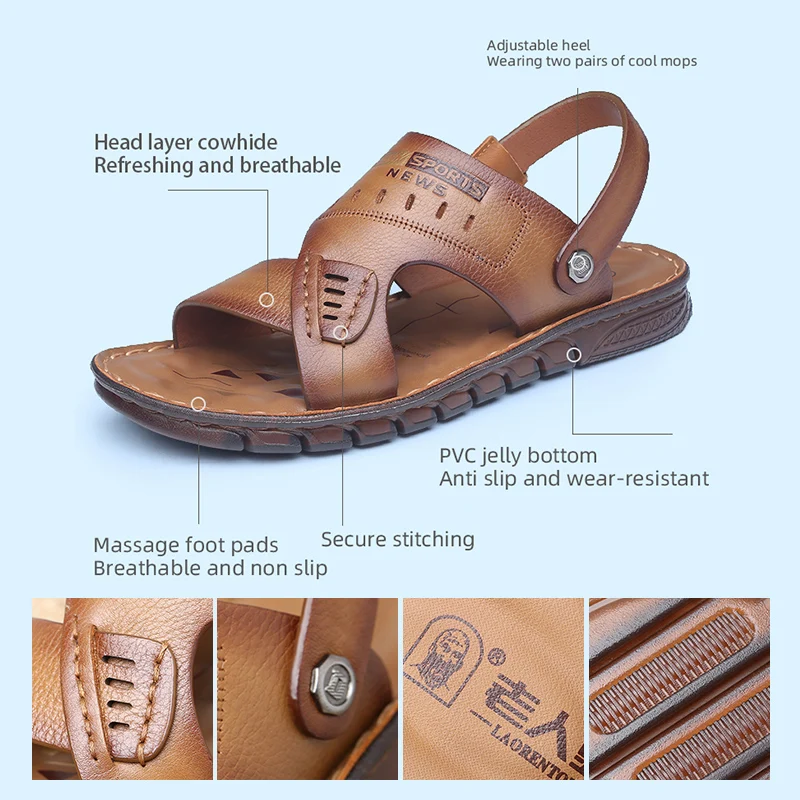 LAORENTOU cowhide breathable sandals with soft soles and anti slip cow tendon soles, cool slippers for casual wear - Image 2