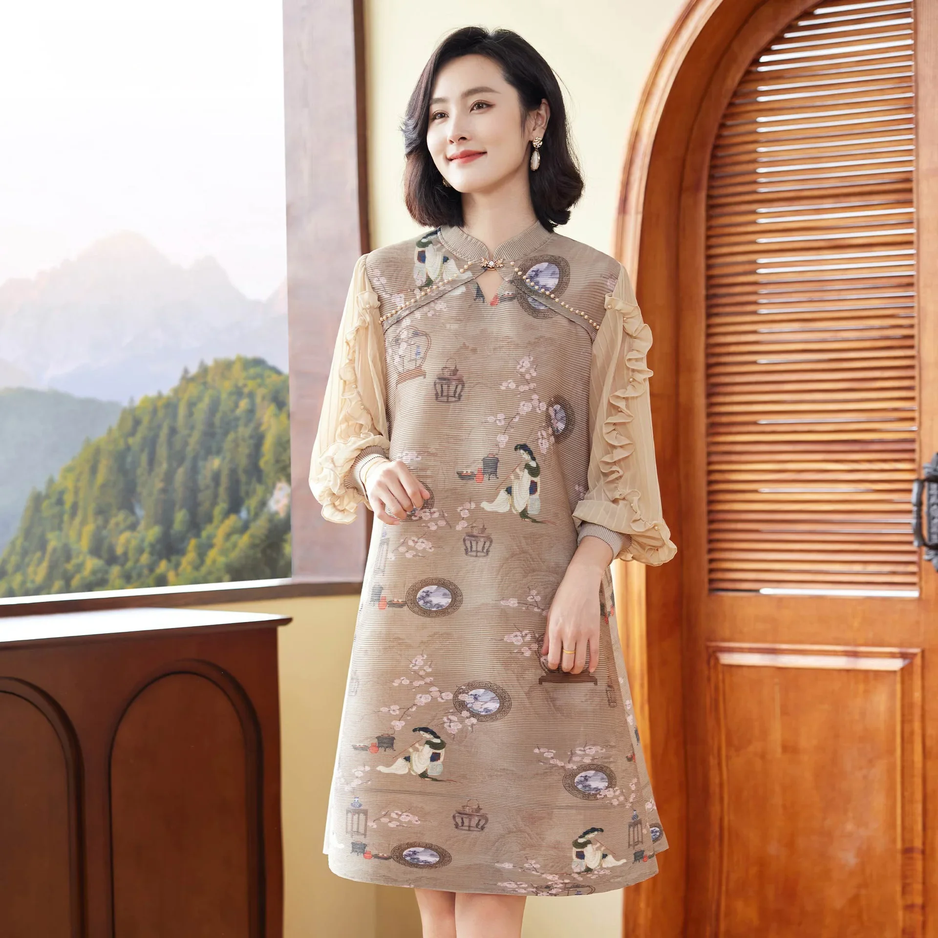 

Miyake Pleated Dress Women's 2024 New Spring Autumn New Chinese Style Plus Size Mother's Wear Retro Fashion Floral Print Skirt
