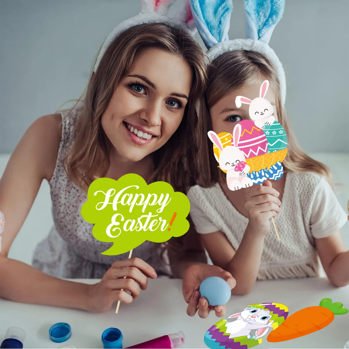 28pcs Happy Easter Photo Props Set Easter Eggs Theme Party Spooky Handheld Photo Props
