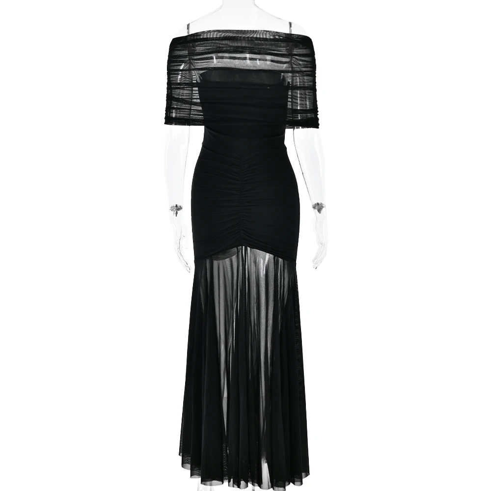 Elegant Sleeveless Mesh Patchwork Double Layer Long Dress Women Bodycon Evening Dress Sexy Perspective Tight Vestido