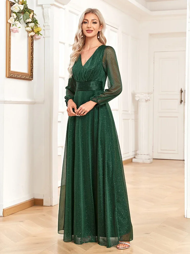 Women's Elegant New V Neck Shiny Chiffon Evening Gown A Line Long Sleeve Wedding Bridesmaid Dress Party Dresses Women Evening 2
