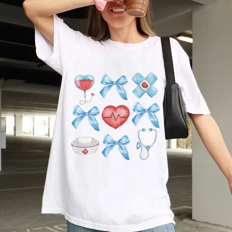 

Pink Bow Printed Short Sleeved Sweet Top Cartoon Fashionable Women's 90s T-Shirt Pattern Kawaii T-Shirt Printed Cute Style T-Shi
