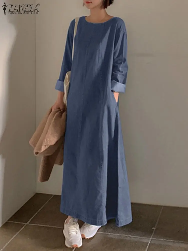 

ZANZEA Fashion Party Loose Sundress Woman Elegant Denim Dress Long Sleeve O-Neck Solid Dresses Casual Office OL Vestidos 2023