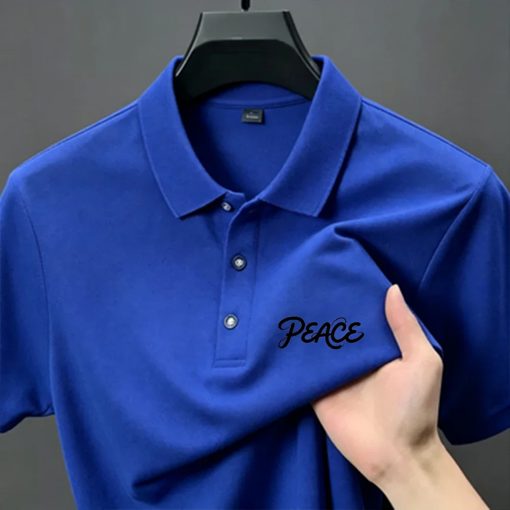 Polo da uomo con risvolto, stampa lettere corsive PEACE, in tessuto piqué traspirante, a maniche corte, casual, per tutti i giorni, da golf - immagine 3