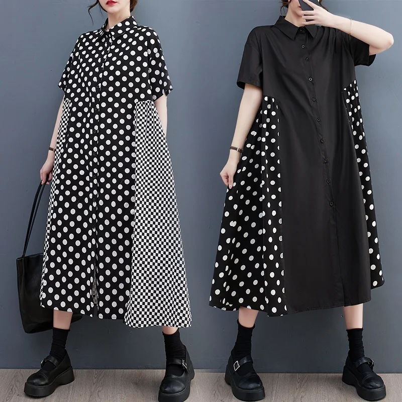 

#3471 Summer Long Shirt Dress Women Polka Dot Printed A-line Dress Short Sleeve Vintage Midi Dress Front Buttons Korean Style